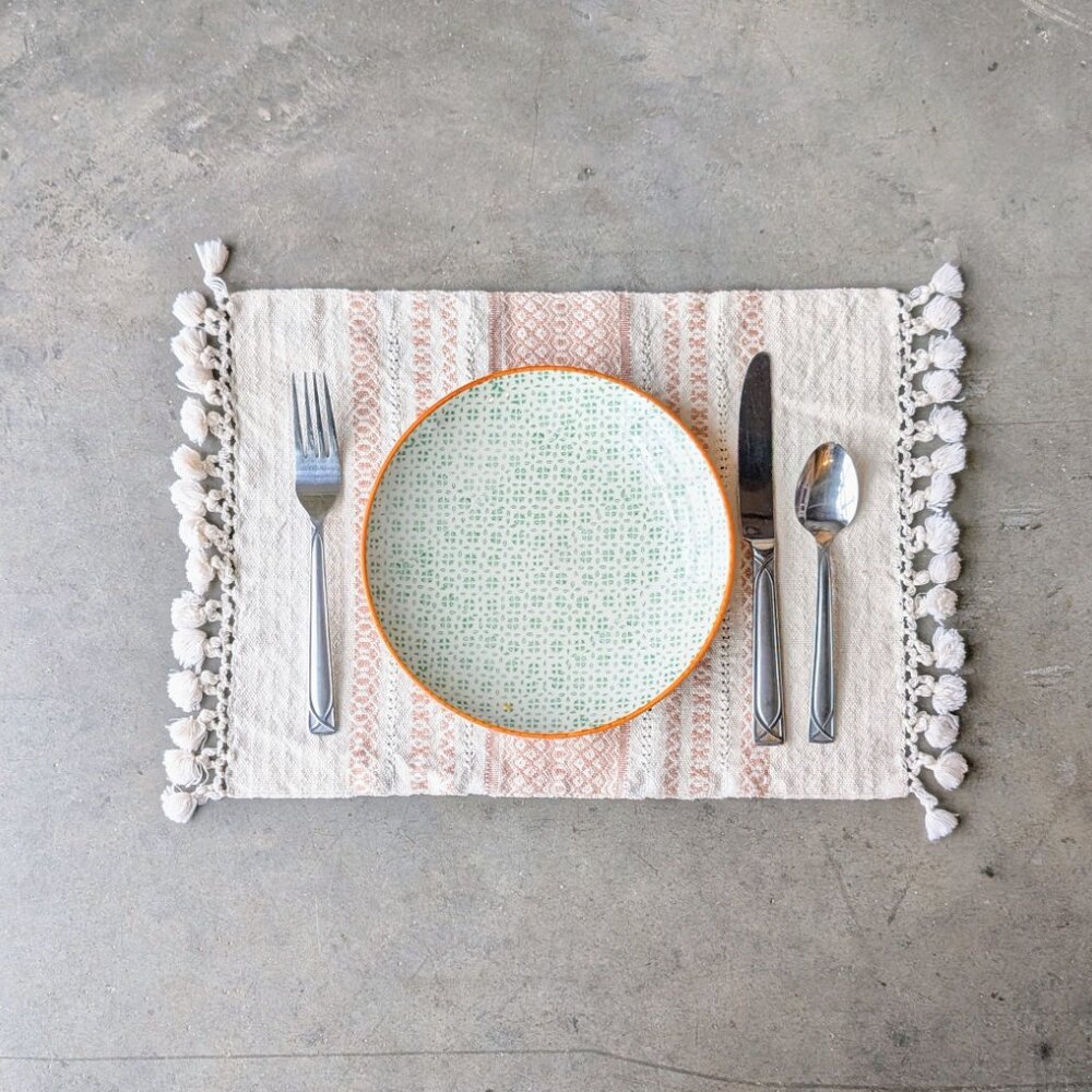 Hand Woven Ivory Tan Tasseled Oaxacan Mexican Napkins Placemats Set of 6